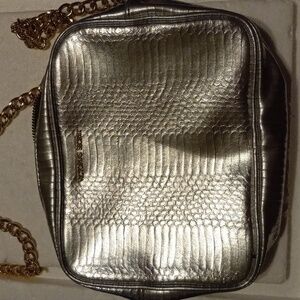Womens Victorias secret crossbody bag small silver metallic look long gold chain